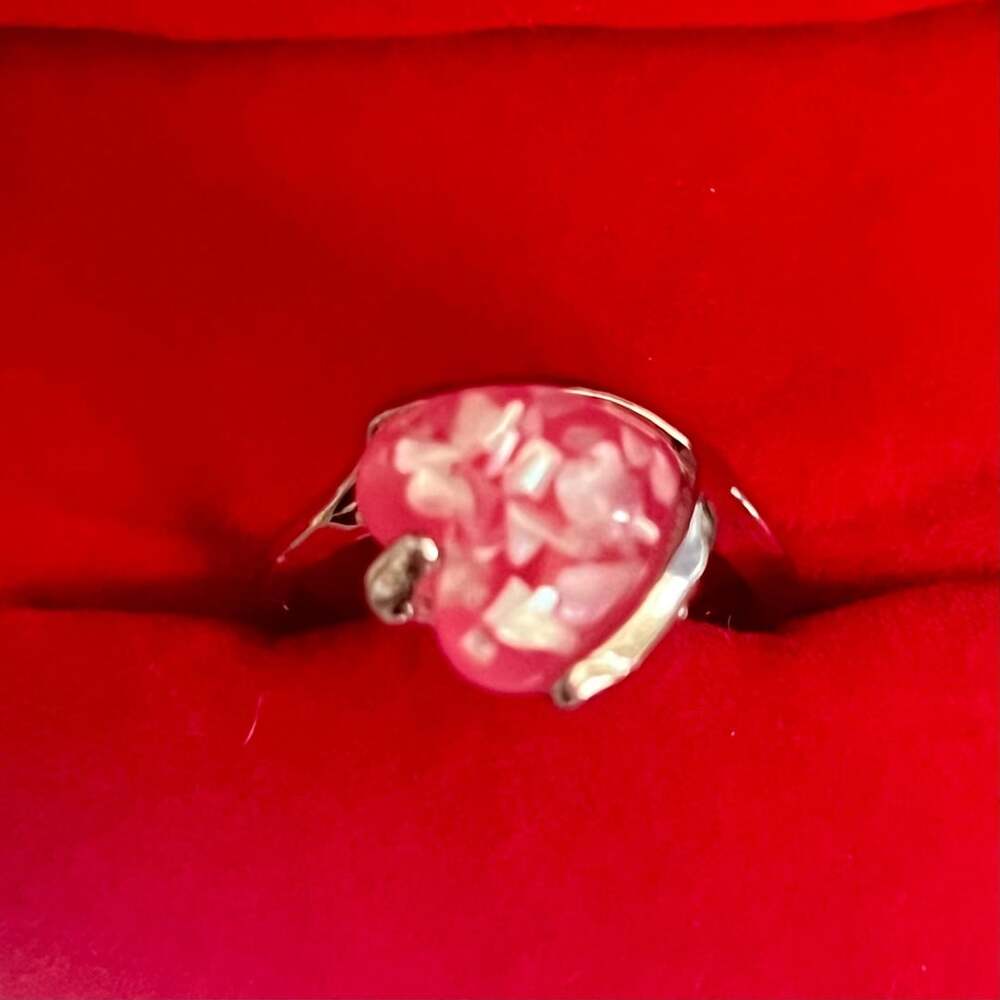 Pink Heart Ring Silver Tone Lucite Confetti Stone Size 9